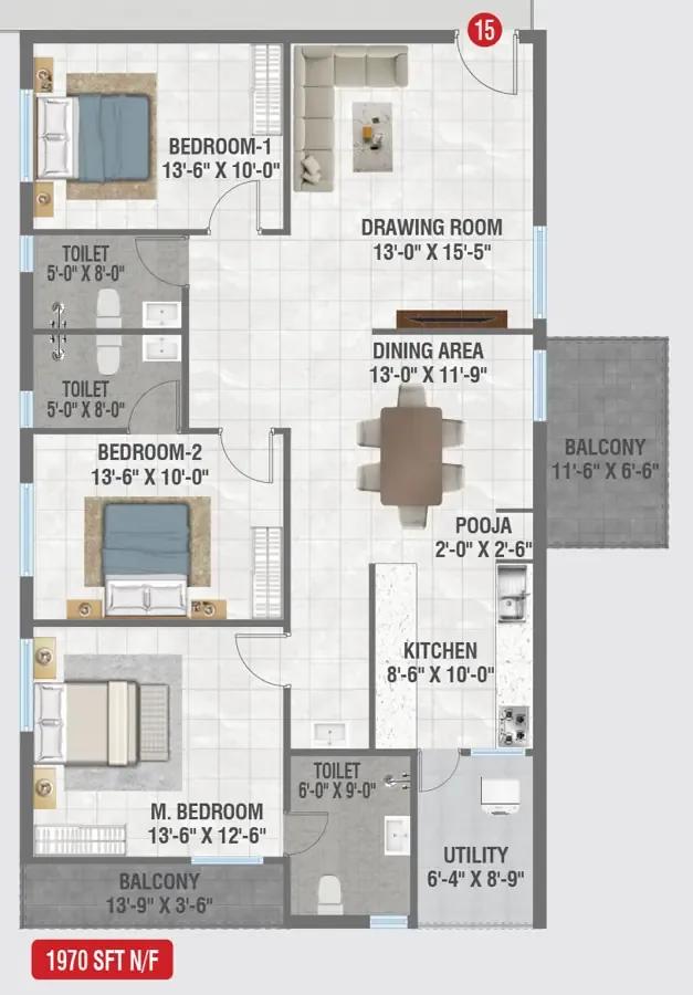 Amrutha Sagar 3 BHK floor plan, about 1,970 sq ft
