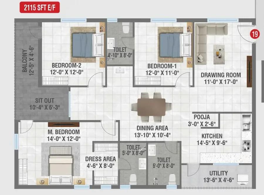 Amrutha Sagar 3 BHK floor plan, about 2,115 sq ft