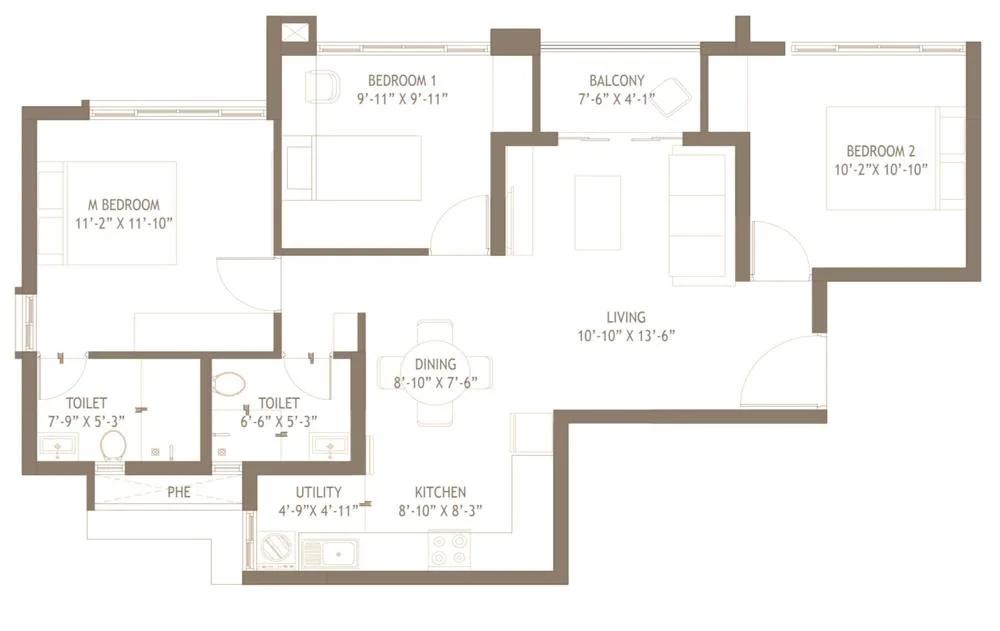 Embassy Edge 3 BHK floor plan, about 1,232 sq ft