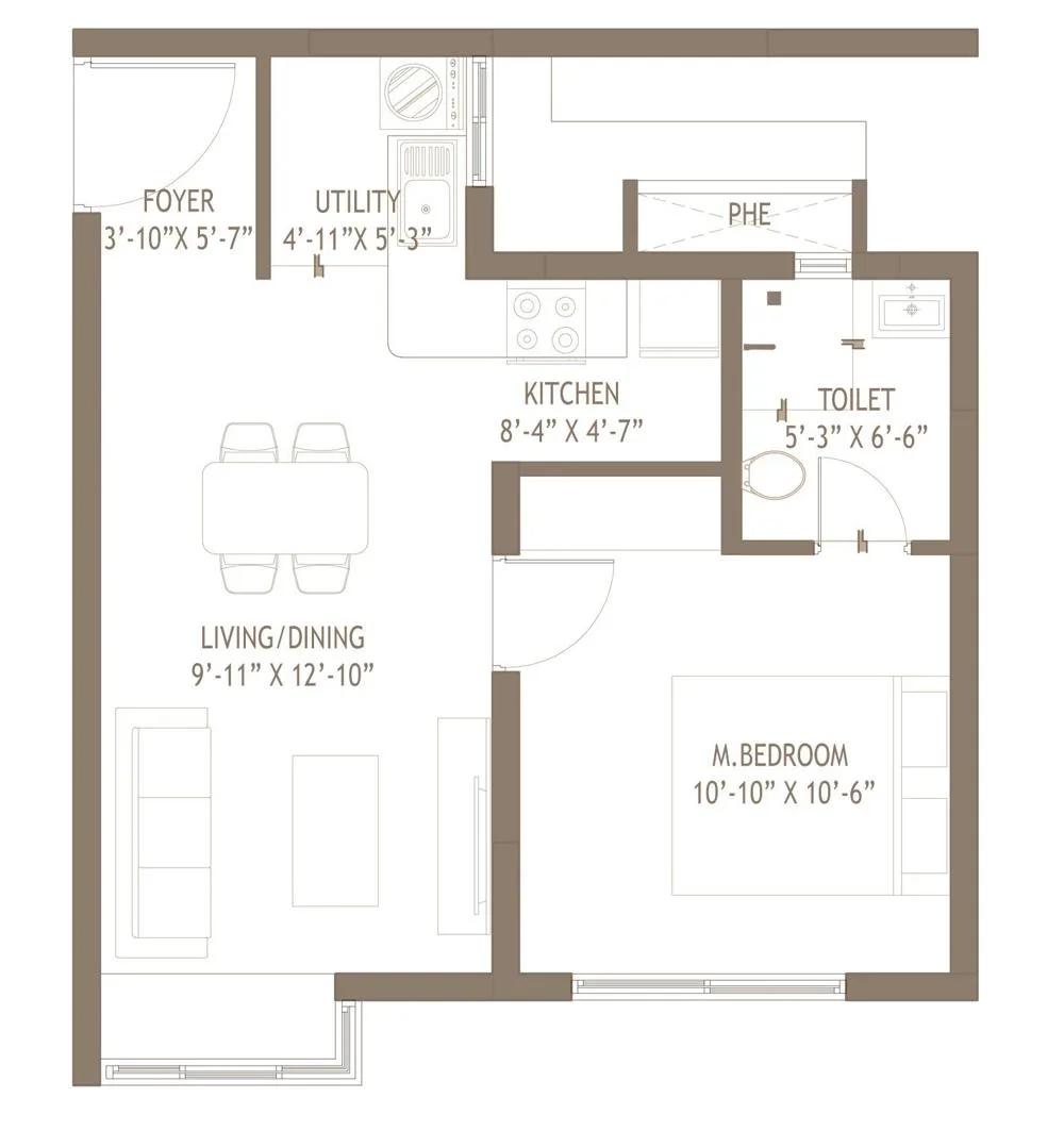 Embassy Edge 1 BHK floor plan, about 676 sq ft