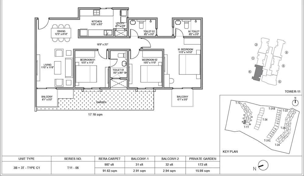 Birla Trimaya Phase 4 3 BHK floor plan, about 987 sq ft