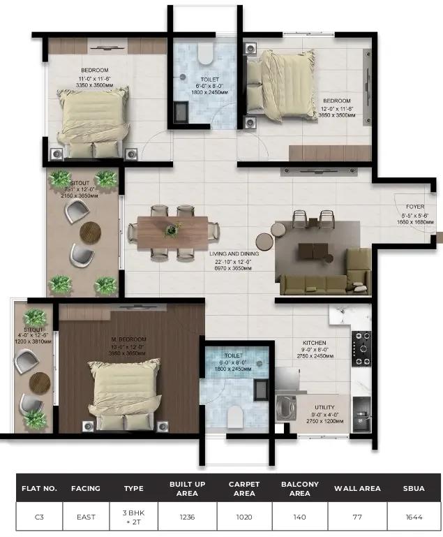Amberstone Ventara 3 BHK floor plan, about 1,644 sq ft