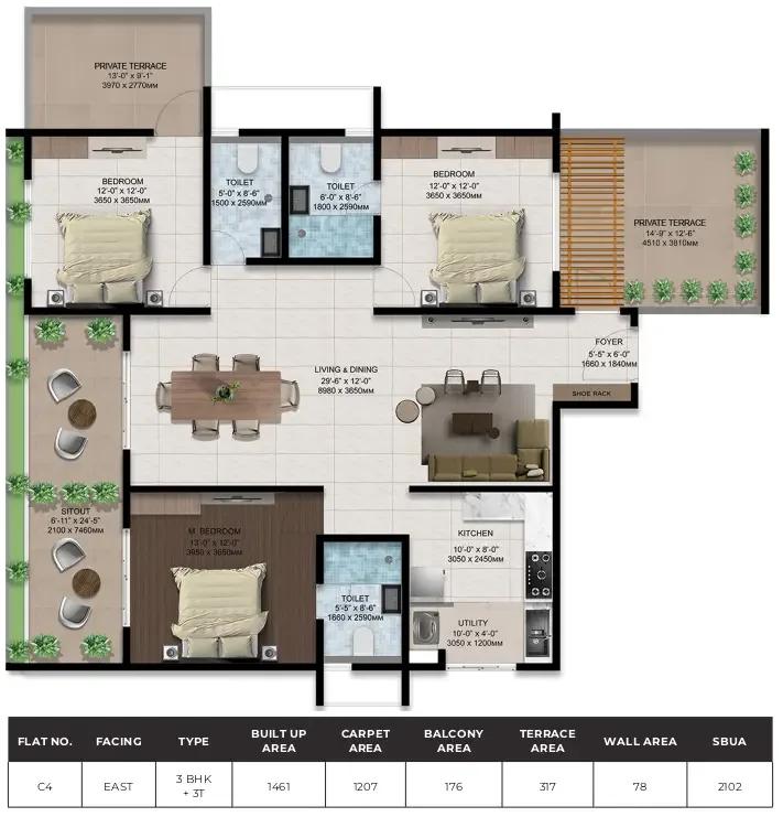 Amberstone Ventara 3 BHK floor plan, about 2,102 sq ft