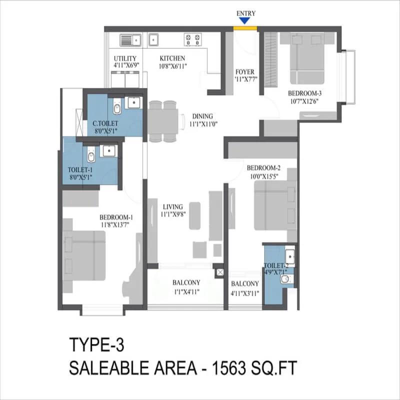 Bren Aspera 3 BHK floor plan, about 1,563 sq ft