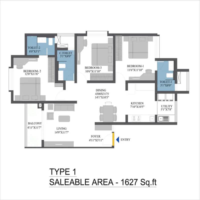 Bren Aspera 3 BHK floor plan, about 1,627 sq ft