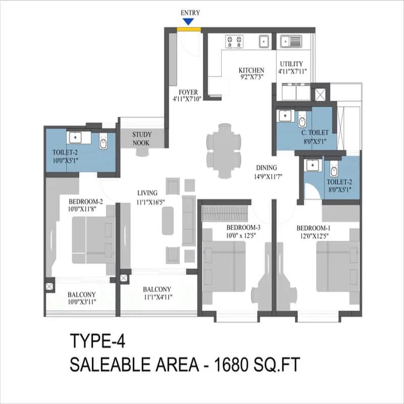 Bren Aspera 3 BHK floor plan, about 1,680 sq ft