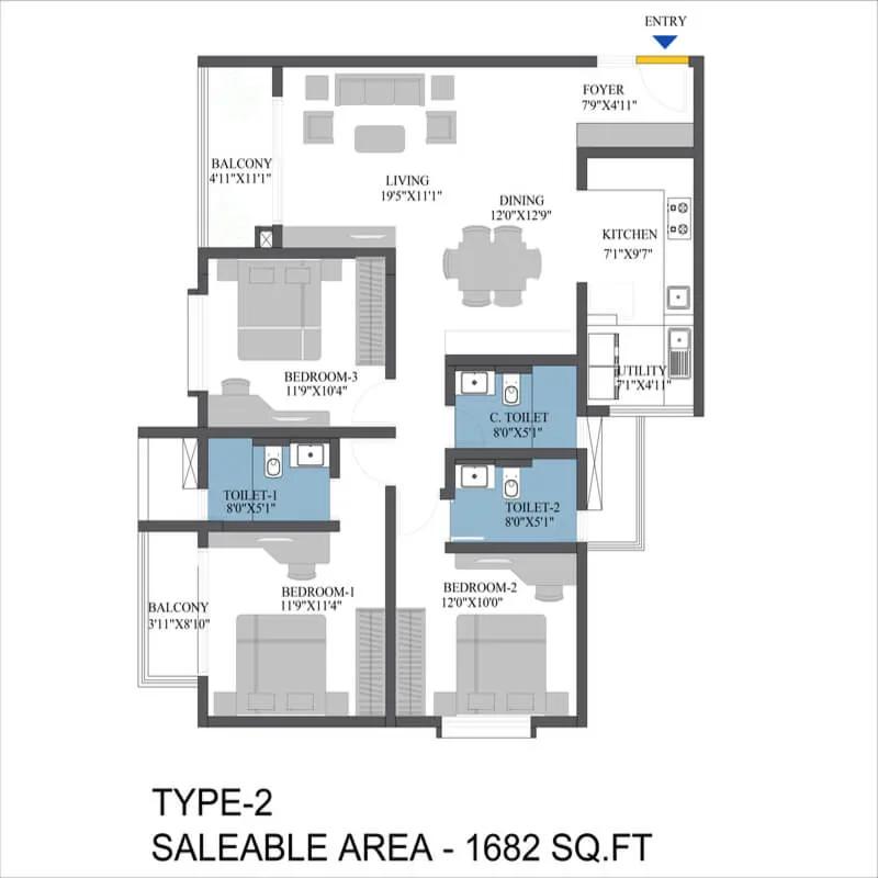 Bren Aspera 3 BHK floor plan, about 1,682 sq ft