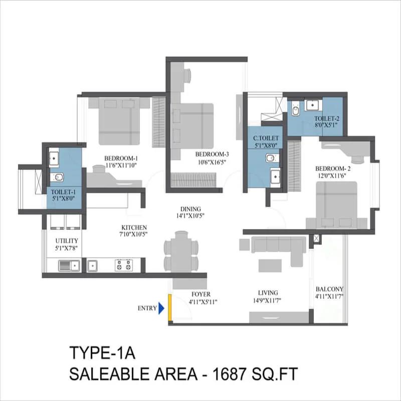 Bren Aspera 3 BHK floor plan, about 1,687 sq ft