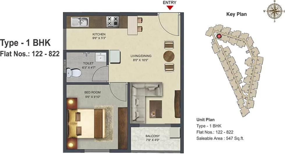 Sowparnika Pranathi 1 BHK floor plan, about 547 sq ft