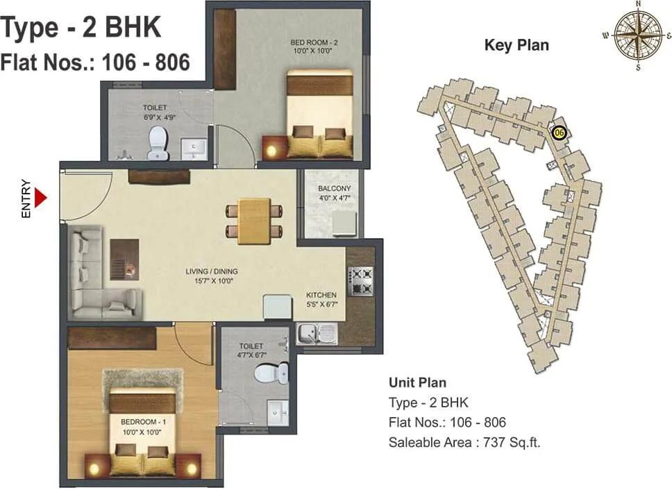 Sowparnika Pranathi 2 BHK floor plan, about 737 sq ft