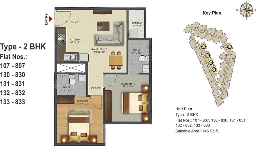 Sowparnika Pranathi 2 BHK floor plan, about 745 sq ft