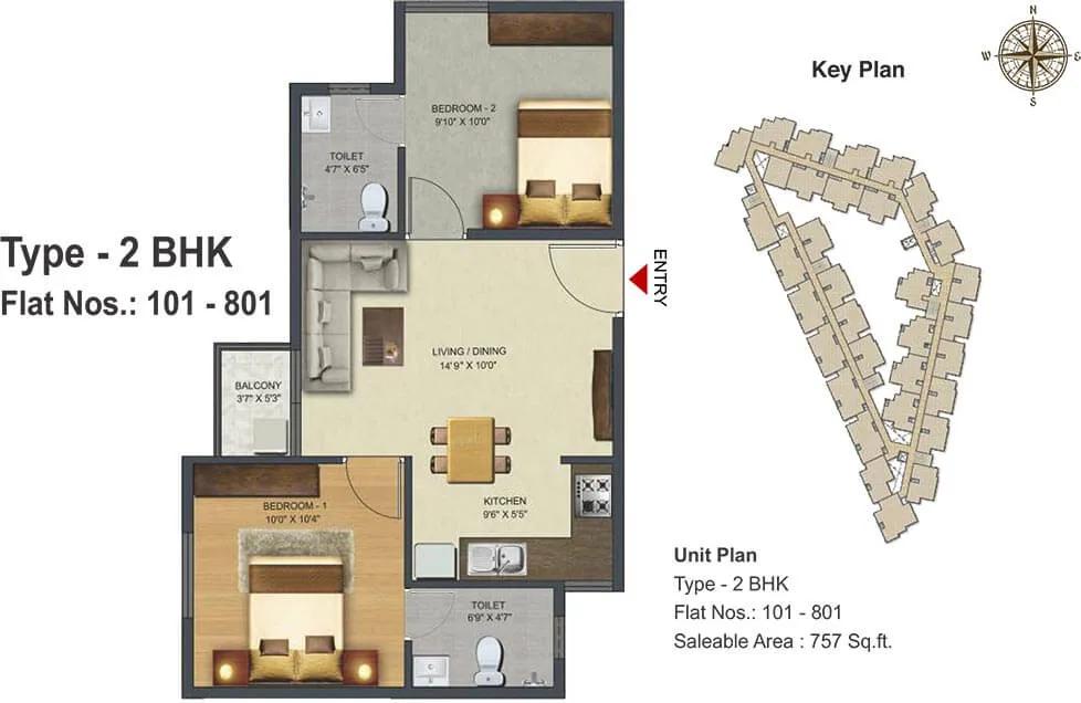 Sowparnika Pranathi 2 BHK floor plan, about 757 sq ft