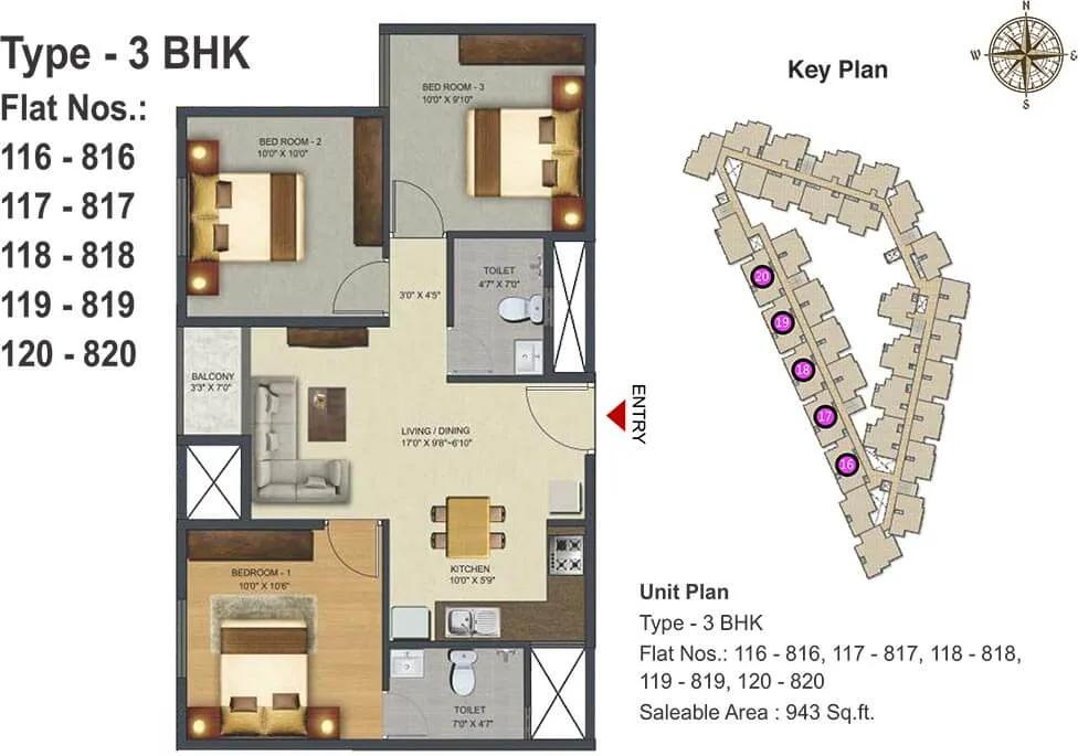 Sowparnika Pranathi 3 BHK floor plan, about 943 sq ft