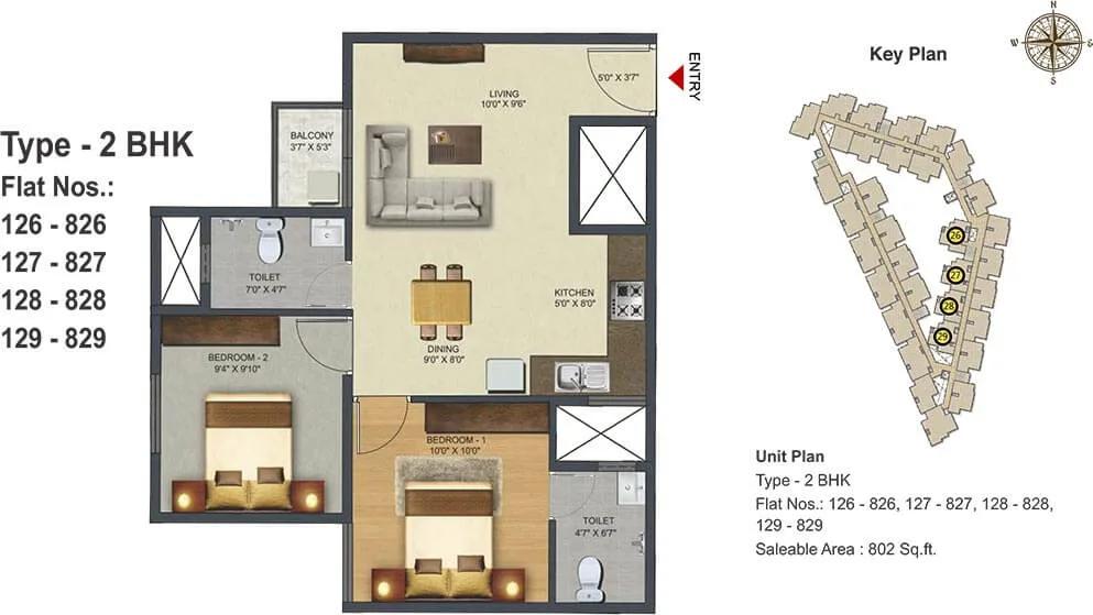 Sowparnika Pranathi 2 BHK floor plan, about 802 sq ft