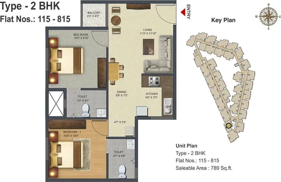 Sowparnika Pranathi 2 BHK floor plan, about 789 sq ft