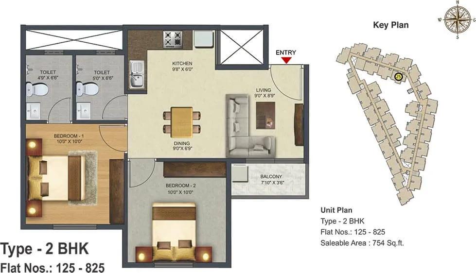 Sowparnika Pranathi 2 BHK floor plan, about 754 sq ft