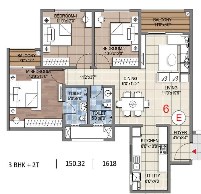 Sattva Songbird Phase 2 3 BHK floor plan, about 1,618 sq ft