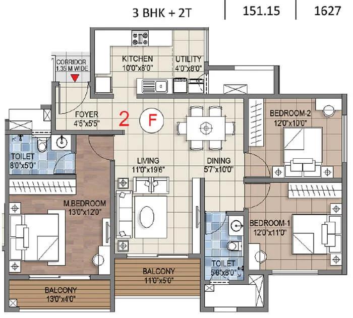 Sattva Songbird Phase 2 3 BHK floor plan, about 1,627 sq ft