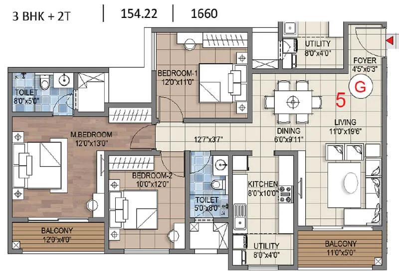 Sattva Songbird Phase 2 3 BHK floor plan, about 1,660 sq ft
