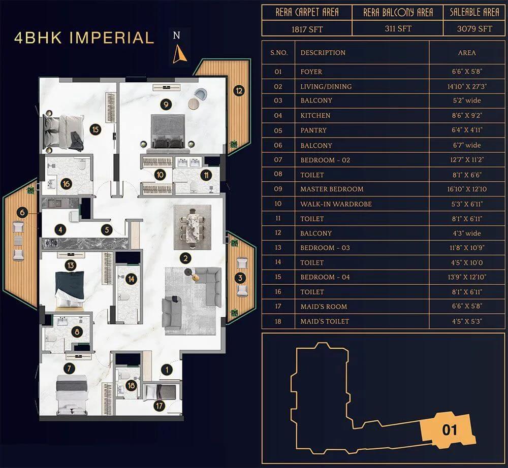 TVS Emerald Cascadia 4 BHK floor plan, about 3,079 sq ft