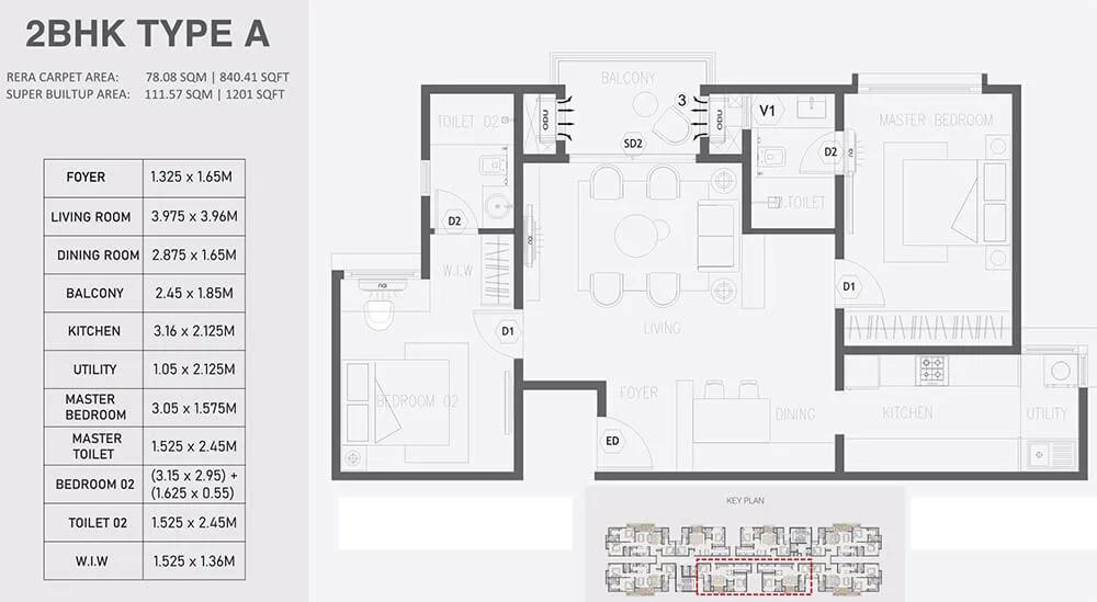 Aratt Alchemy Essence 3 BHK floor plan, about 1,201 sq ft