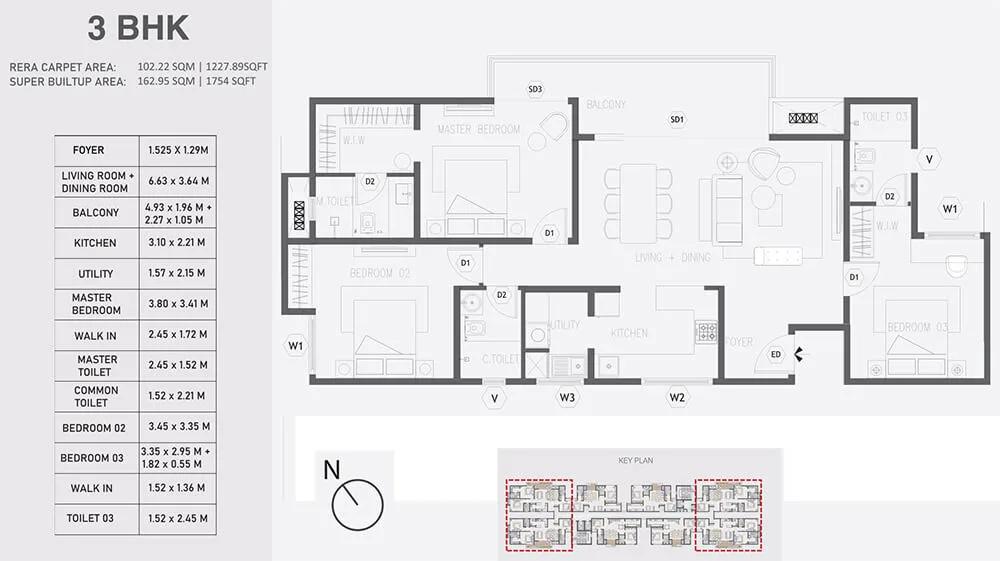 Aratt Alchemy Essence 3 BHK floor plan, about 1,754 sq ft