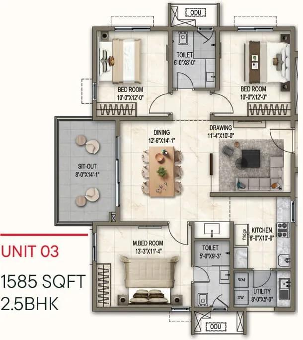 Poulomi Florique 2.5 BHK floor plan, about 1,585 sq ft