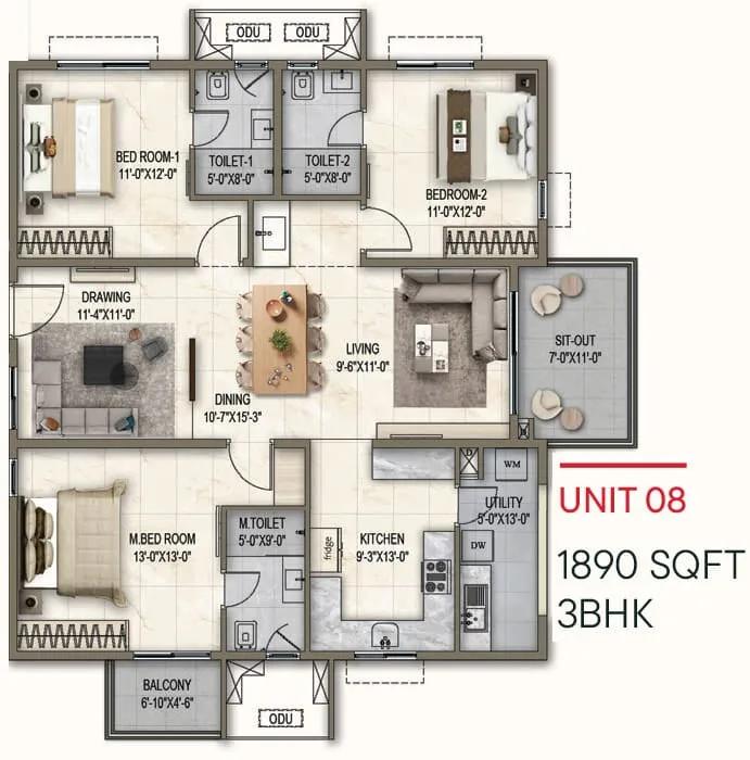 Poulomi Florique 3 BHK floor plan, about 1,890 sq ft