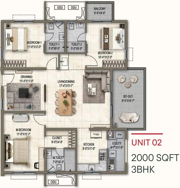 Poulomi Florique 3 BHK floor plan, about 2,000 sq ft