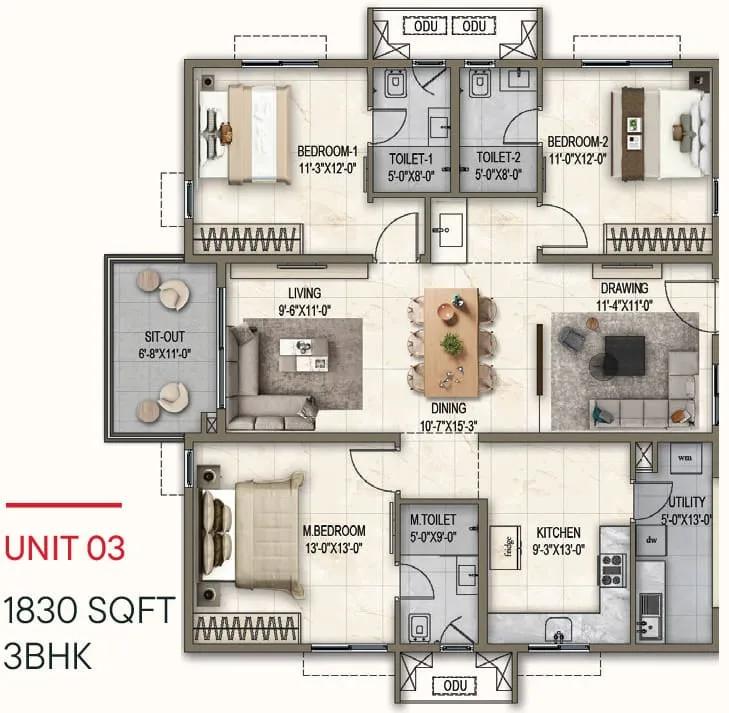 Poulomi Florique 3 BHK floor plan, about 1,830 sq ft