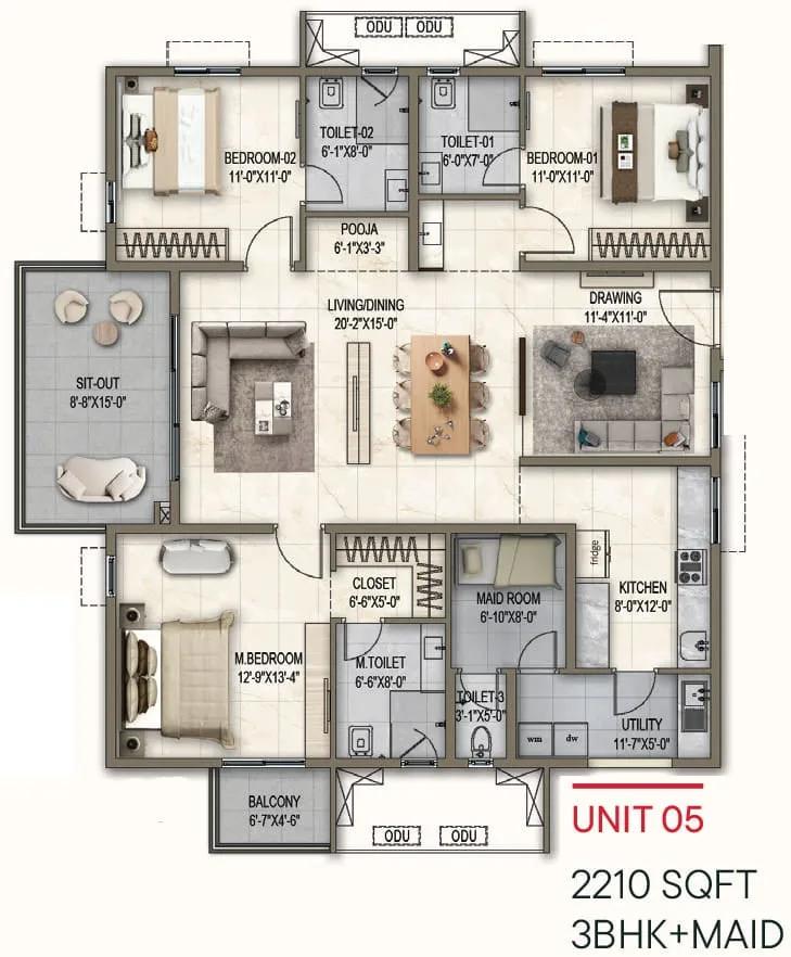 Poulomi Florique 3 BHK floor plan, about 2,210 sq ft