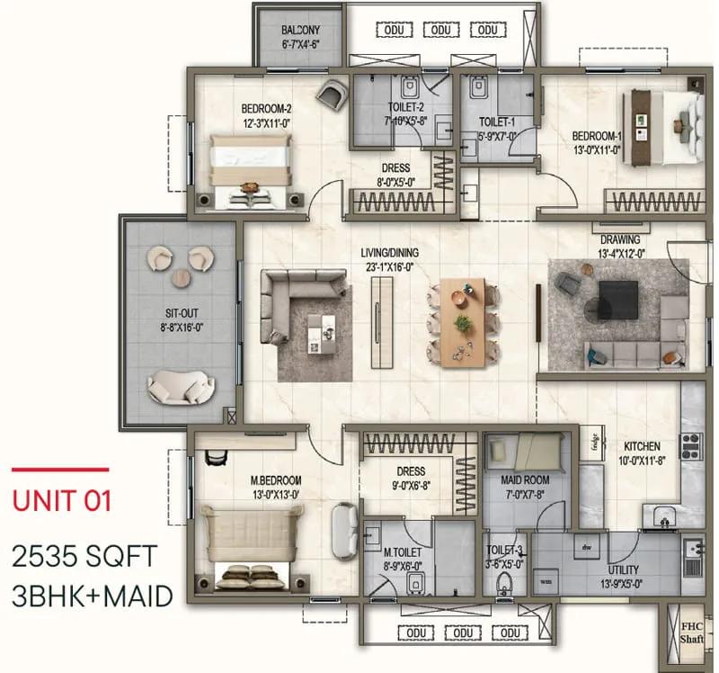 Poulomi Florique 3 BHK floor plan, about 2,535 sq ft