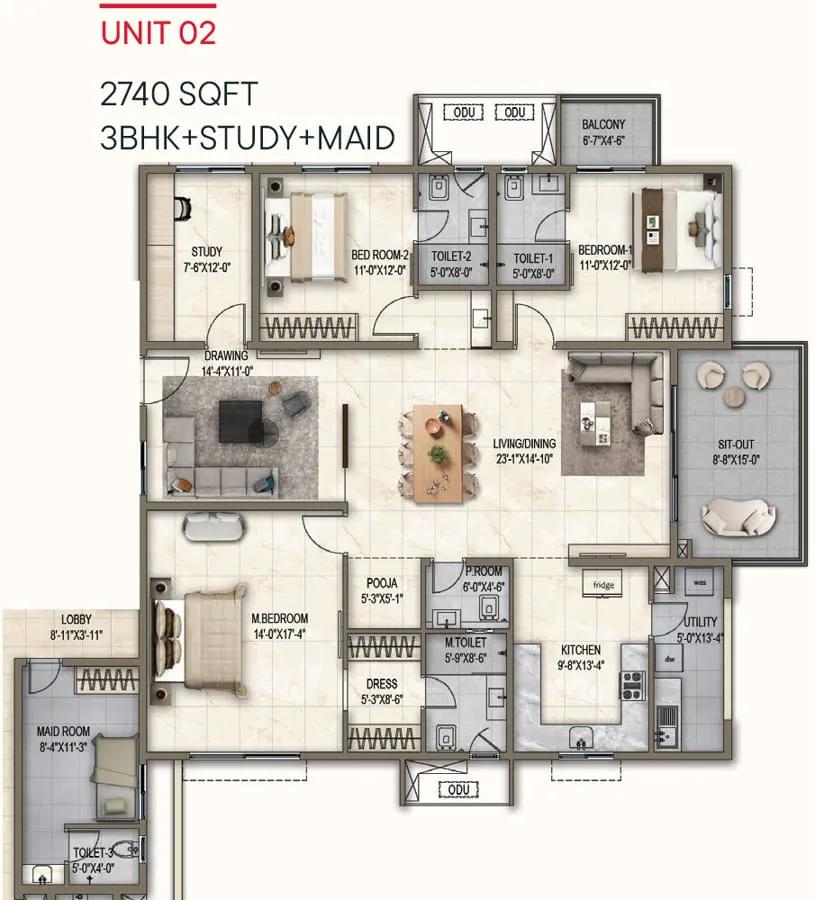 Poulomi Florique 3 BHK floor plan, about 2,740 sq ft
