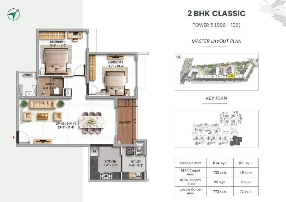 TVS Emerald Altura 2 BHK floor plan, about 1,174 sq ft