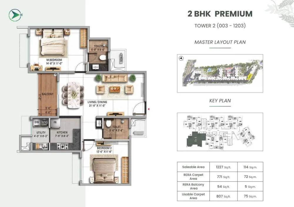 TVS Emerald Altura 2 BHK floor plan, about 1,227 sq ft