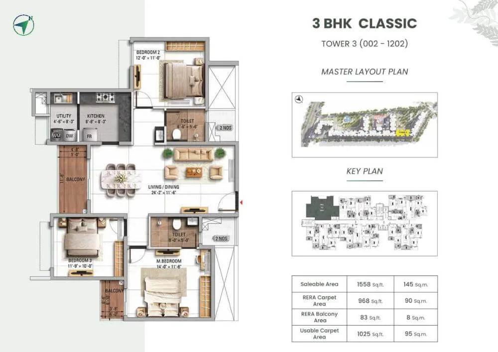 TVS Emerald Altura 3 BHK floor plan, about 1,558 sq ft