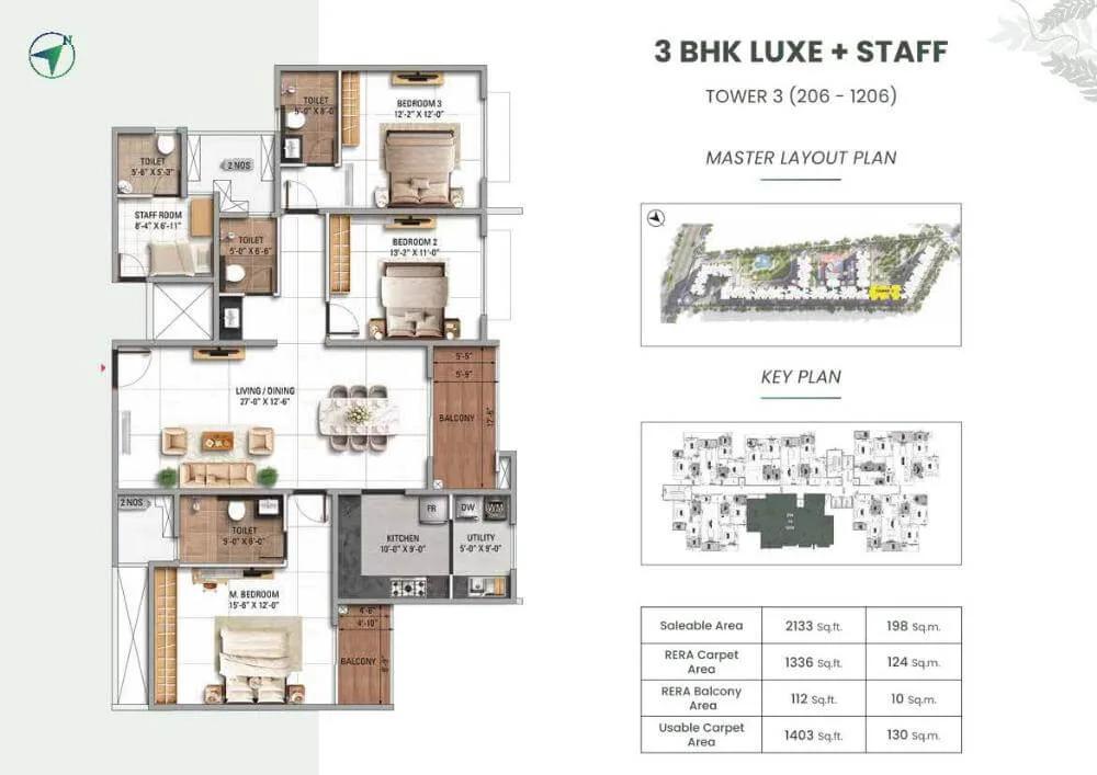 TVS Emerald Altura 3 BHK floor plan, about 2,133 sq ft