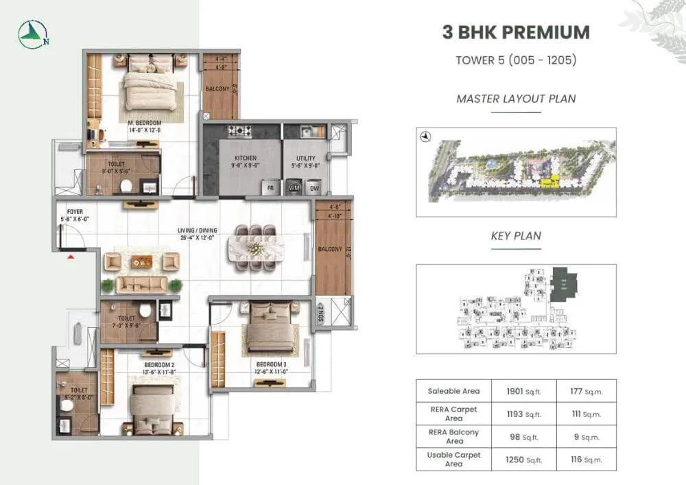 TVS Emerald Altura 3 BHK floor plan, about 1,901 sq ft