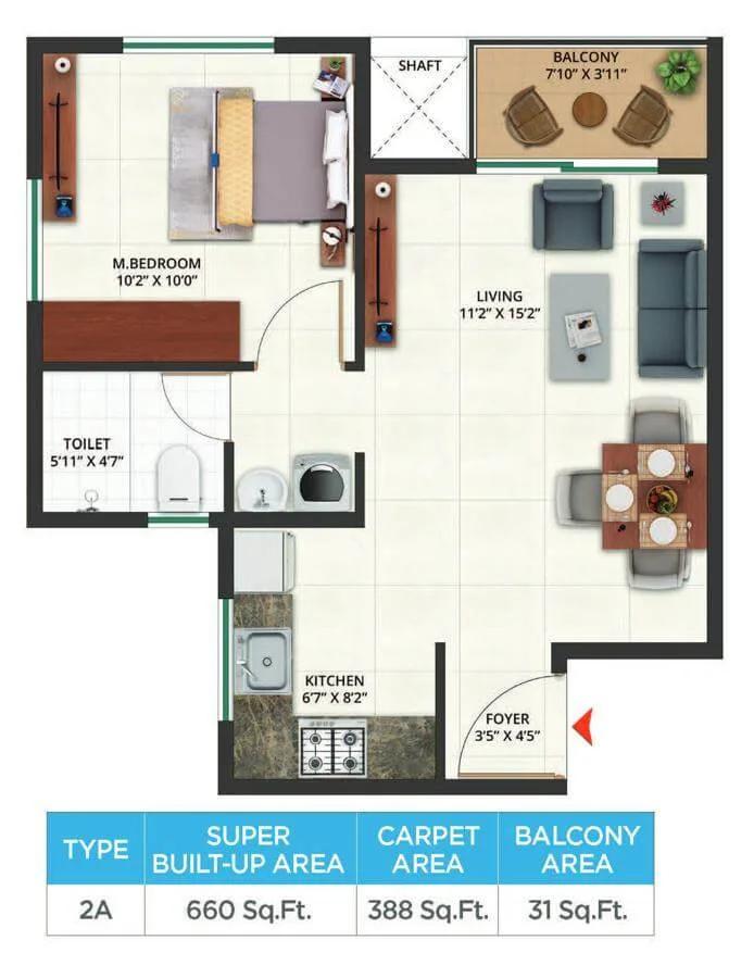 Sattva Aeropolis 1 BHK floor plan, about 660 sq ft