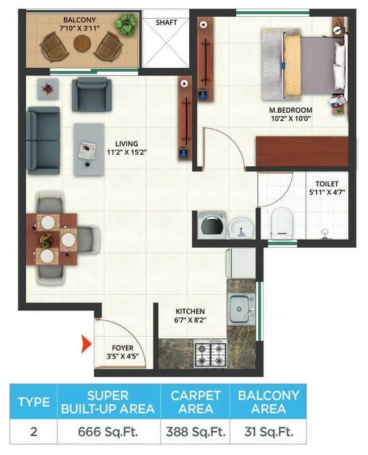 Sattva Aeropolis 1 BHK floor plan, about 666 sq ft