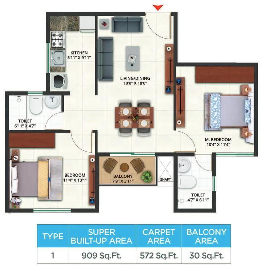 Sattva Aeropolis 2 BHK floor plan, about 909 sq ft