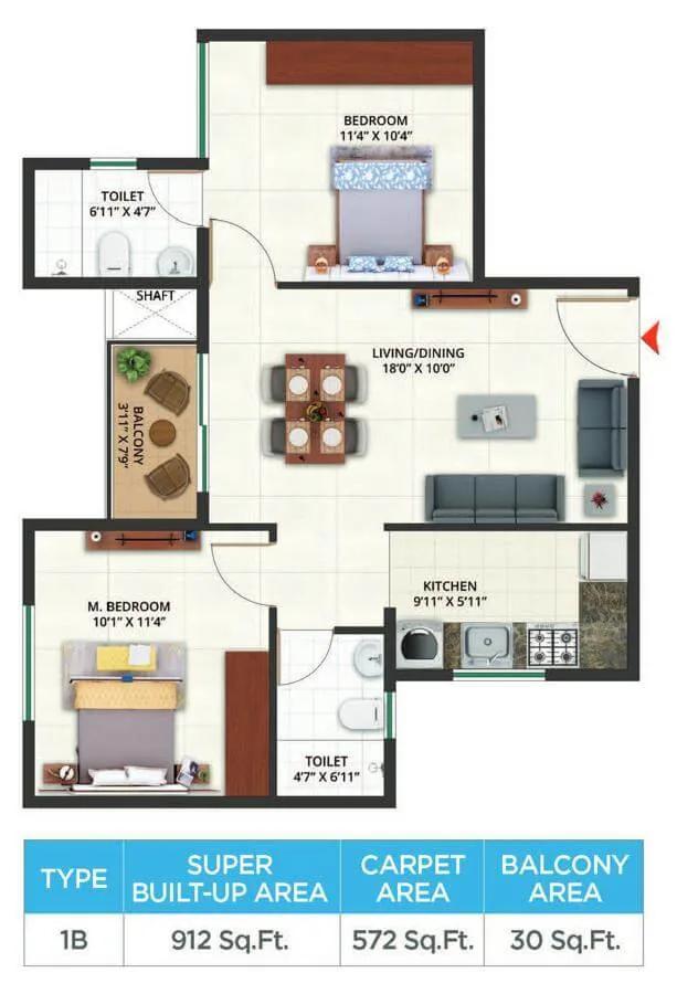 Sattva Aeropolis 2 BHK floor plan, about 912 sq ft