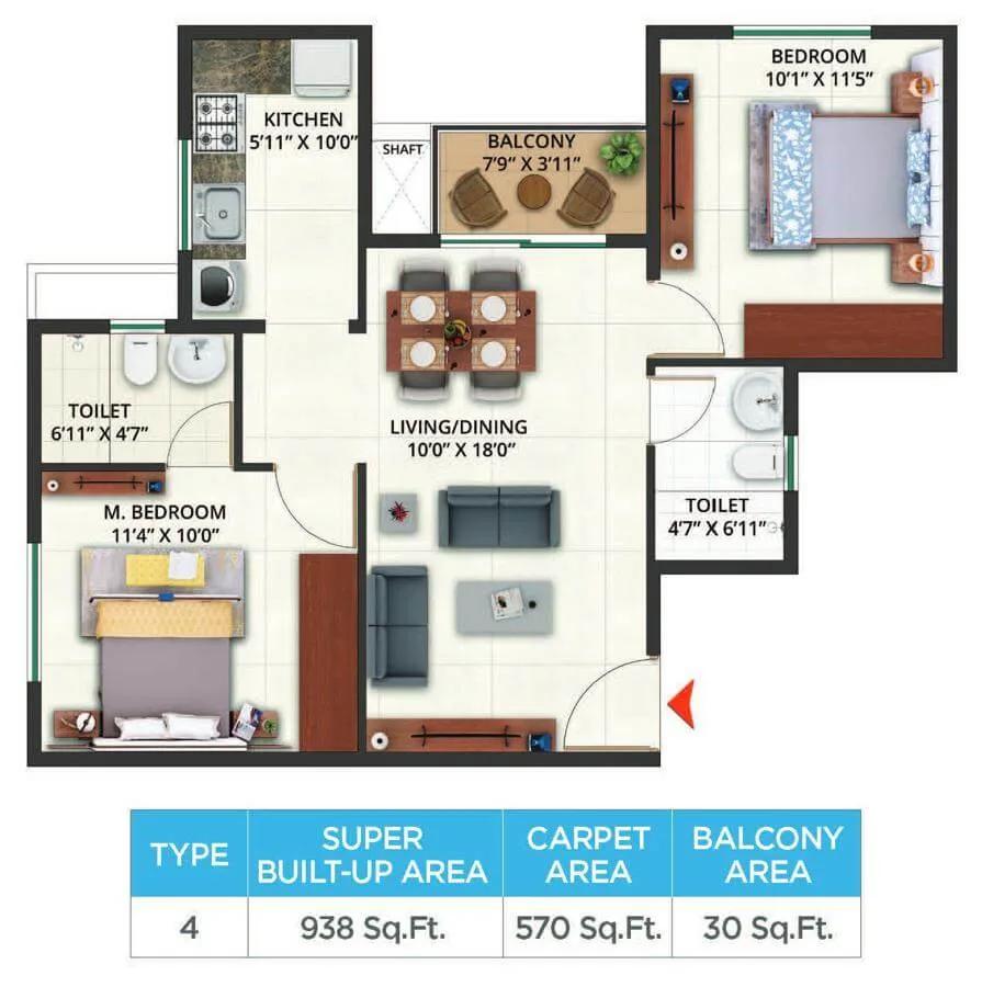 Sattva Aeropolis 2 BHK floor plan, about 938 sq ft
