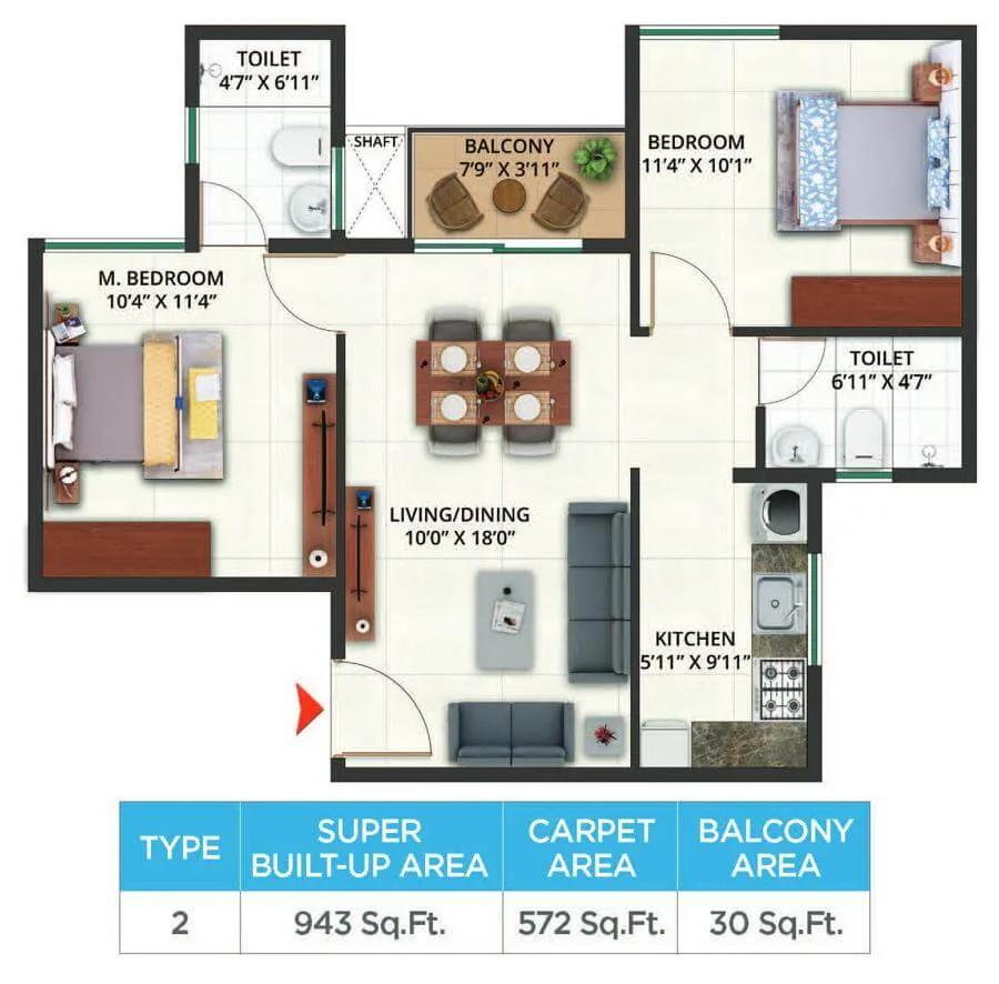 Sattva Aeropolis 2 BHK floor plan, about 943 sq ft
