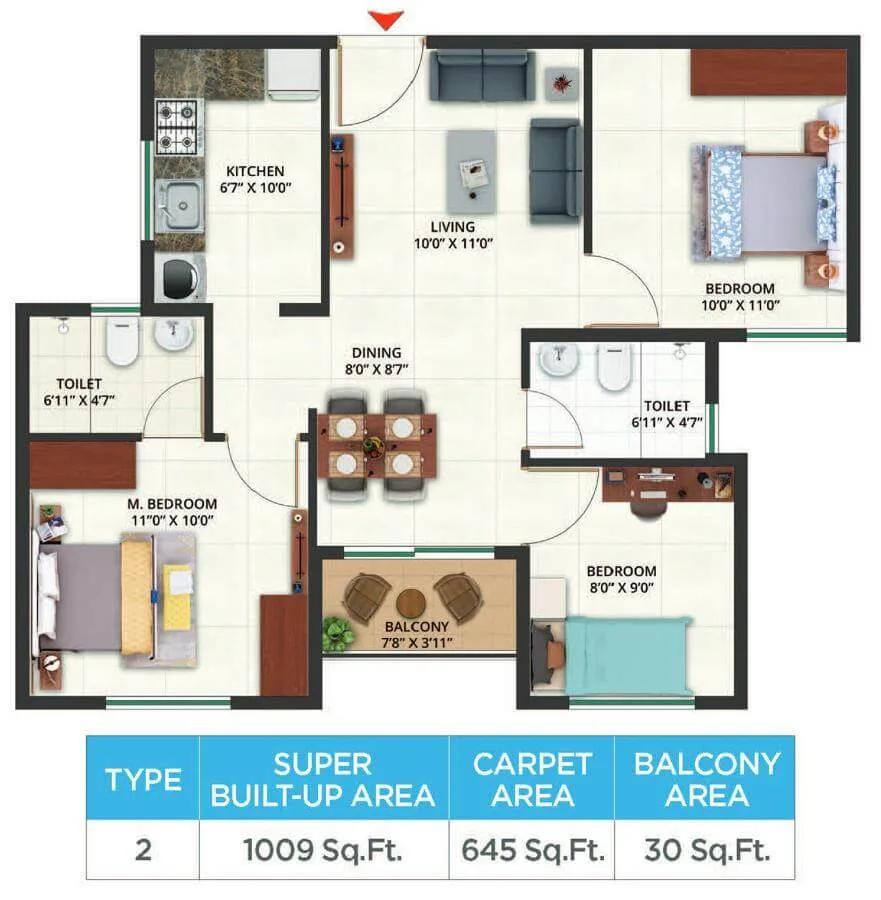 Sattva Aeropolis 3 BHK floor plan, about 1,009 sq ft