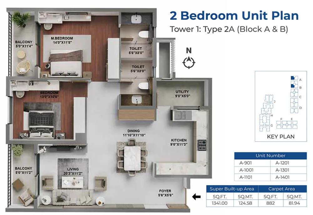 Adarsh LakeFront Phase 2 2 BHK floor plan, about 1,341 sq ft