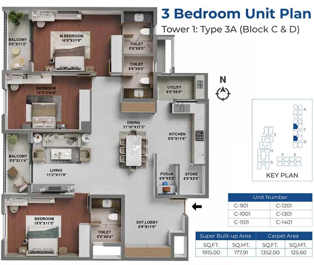 Adarsh LakeFront Phase 2 3 BHK floor plan, about 1,915 sq ft