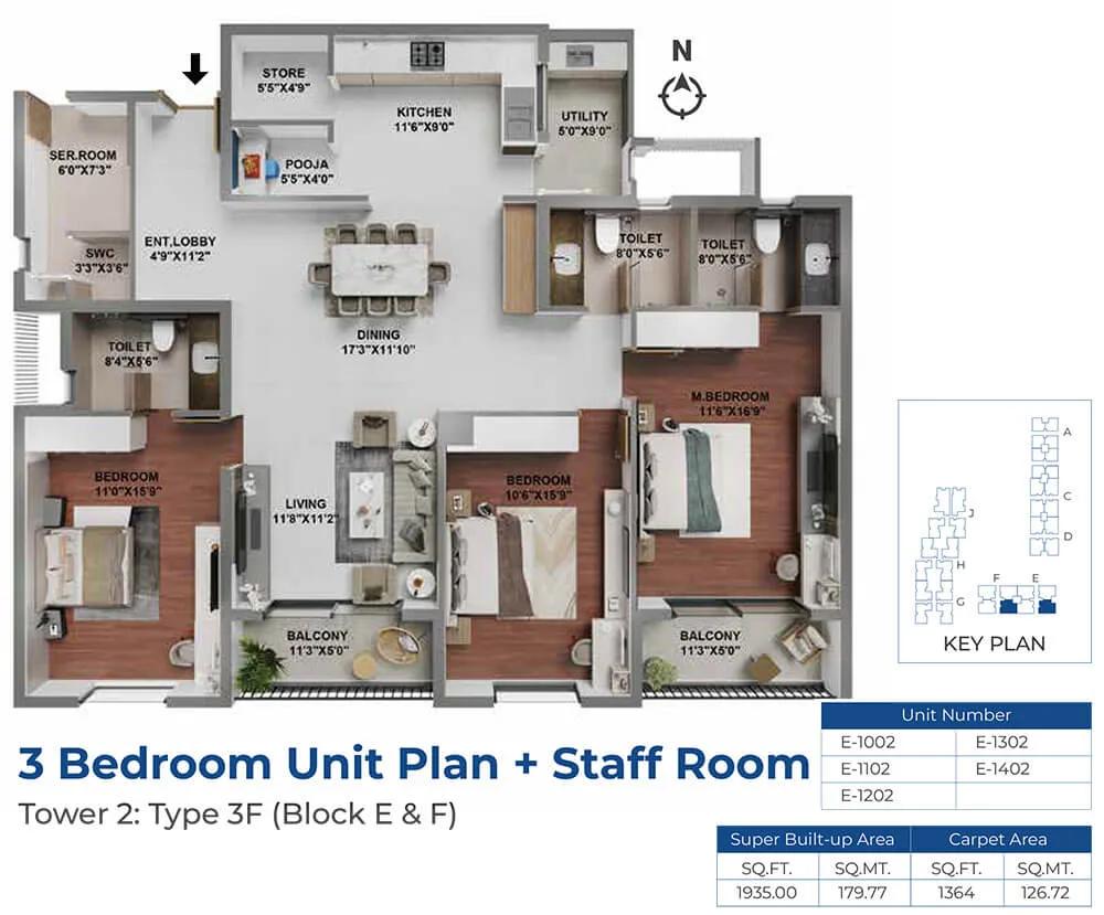 Adarsh LakeFront Phase 2 3 BHK floor plan, about 1,935 sq ft