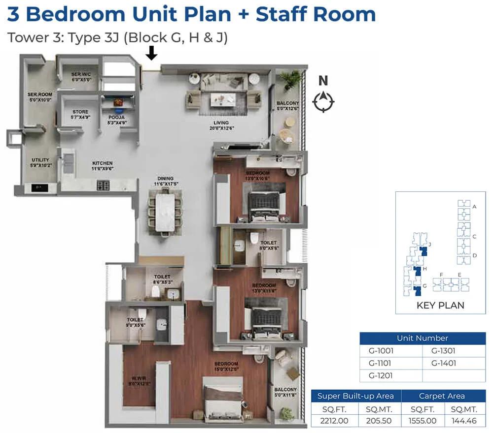 Adarsh LakeFront Phase 2 3 BHK floor plan, about 2,212 sq ft