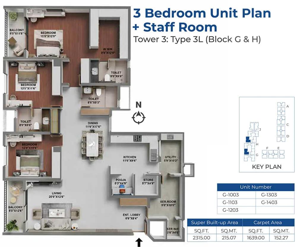 Adarsh LakeFront Phase 2 3 BHK floor plan, about 2,315 sq ft